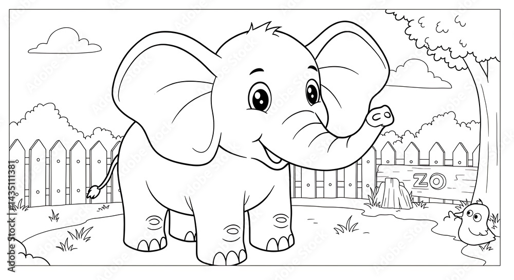 Obraz premium Cartoon elephant in the zoo Outlined colouring page black and white for kids with white background