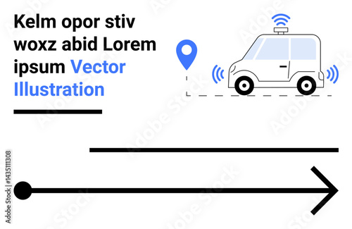 Autonomous car with antenna icon, destination pin, and directional arrow. Ideal for transport innovation, GPS, navigation, automation, smart tech, connectivity simple landing page