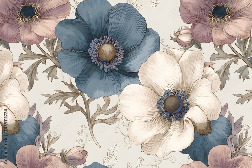 custom made wallpaper toronto digitalFloral Pattern Pale Pink, White, Blue Flowers, Leaves, Delicate