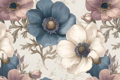 Wallpaper Mural Floral Pattern Pale Pink, White, Blue Flowers, Leaves, Delicate Torontodigital.ca