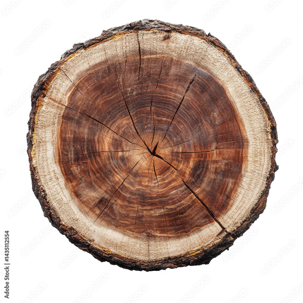 Obraz premium Log cross section showcasing detailed growth rings and textures on a Transparent background, Log Cross Section, PNG background