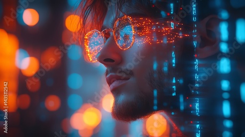 Wallpaper Mural Digital Vision: A man gazes towards the future, his augmented reality glasses reflecting a vibrant digital world. The composition captures the essence of technological progress. Torontodigital.ca