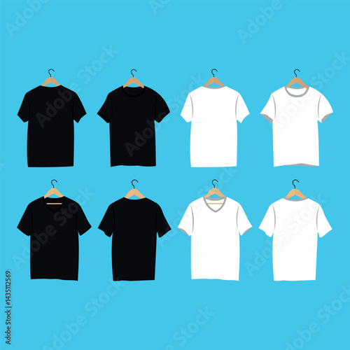 Black white men women t shirt vector mockup bundle on sky blue background. Collection of unisex shirt mockups  each with hanger for print on demand business and print related industry.