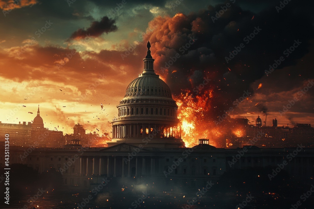 Obraz premium Fireworks explosion over Capitol Building, American flag colors in the sky, dramatic Independence Day theme