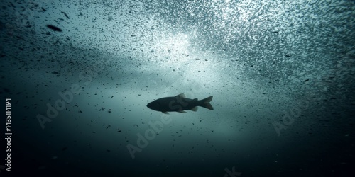 Microscopic view of microfibers entwined with plankton, revealing how plastic infiltrates the marine food chain under a dark, polluted ocean
