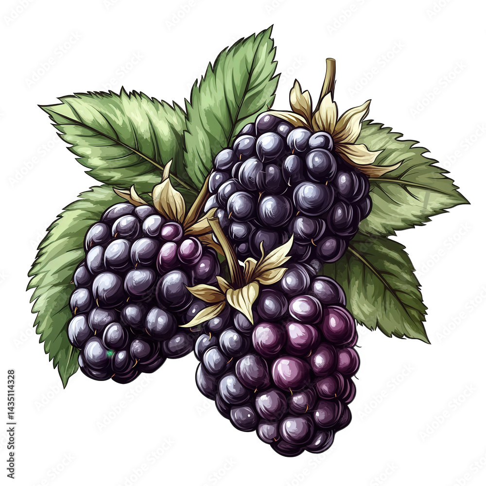 Fototapeta premium vibrant illustration of blackberries. showcasing their rich color and texture. accompanied by green leaves it emphasizes the natural beauty of the fruit. making it suitable for use in designs related