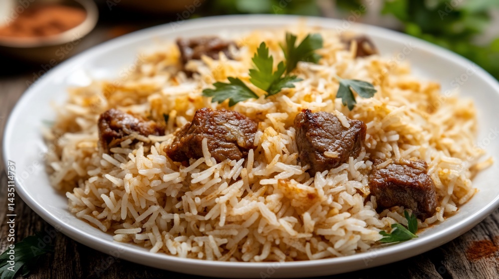 Aromatic rice dish with flavorful meat. Aromatic, flavorful, and well-cooked Aromatic rice dish with flavorful meat. Aromatic, flavorful, and well-cooked