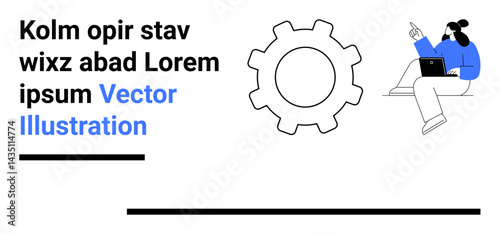Gear symbol paired with person seated and holding a laptop while gesturing. Placeholder text displayed. Ideal for technology, teamwork, education, consulting, presentation, development, simple