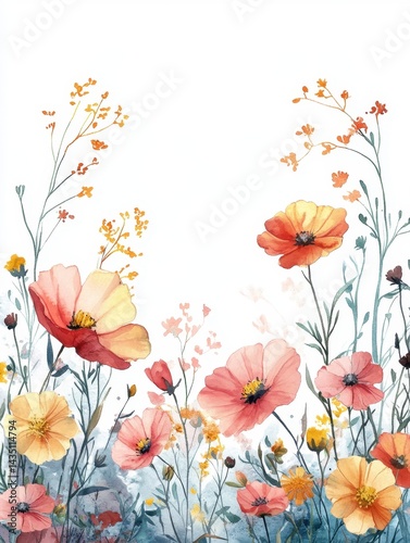 Delicate watercolor wildflower frame adorned with pastel blooms against a crisp white background for creative writing spaces