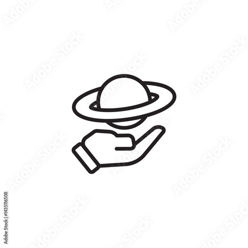 A simple line drawing of an open hand gently holding a planet with prominent rings, reminiscent of Saturn.