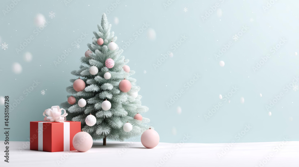 Obraz premium Festive Christmas tree adorned with pink ornaments, surrounded by gifts and snowflakes