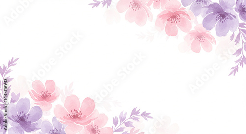 Delicate Watercolor Floral Frame Pink and Purple Blossoms