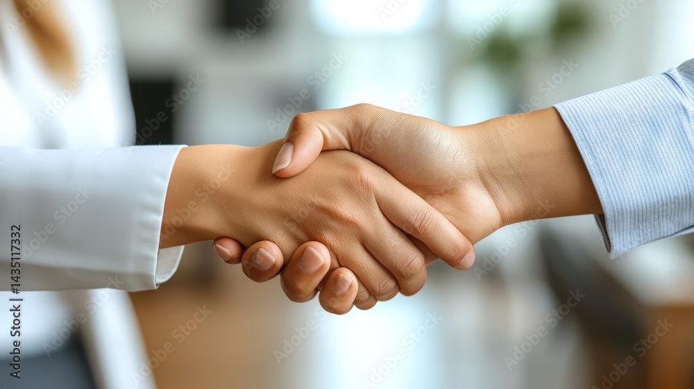 Close-up of two businessmen shaking hands in a modern office setting symbolizes successful partnership or agreement Close-up of two businessmen shaking hands in a modern office setting symbolizes successful partnership or agreement
