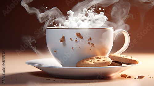 Steaming cup of coffee with cookies on a warm brown background
