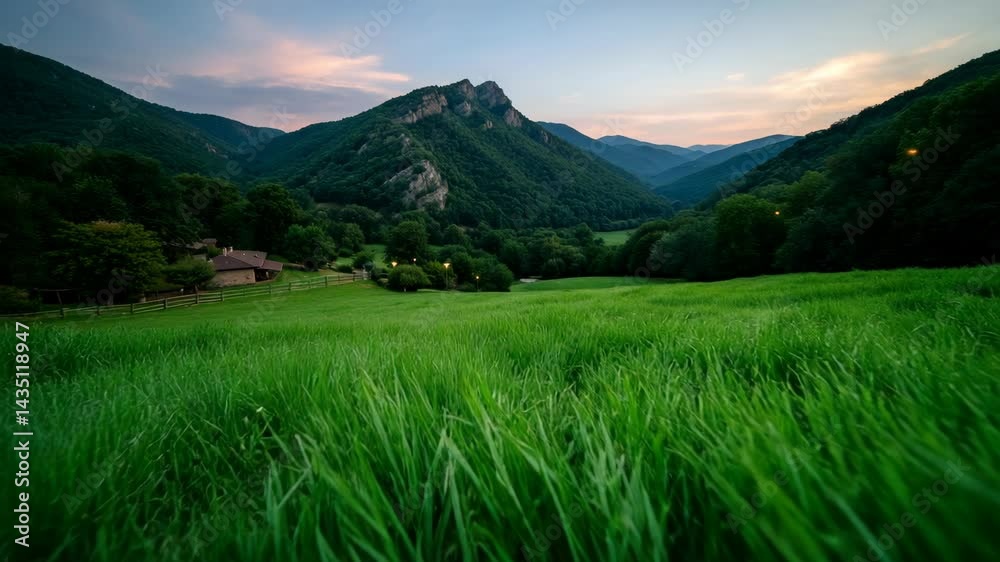 Verdant meadow with long grass leading to a valley with wooded mountains under a colorful evening sky. Verdant meadow with long grass leading to a valley with wooded mountains under a colorful evening sky.