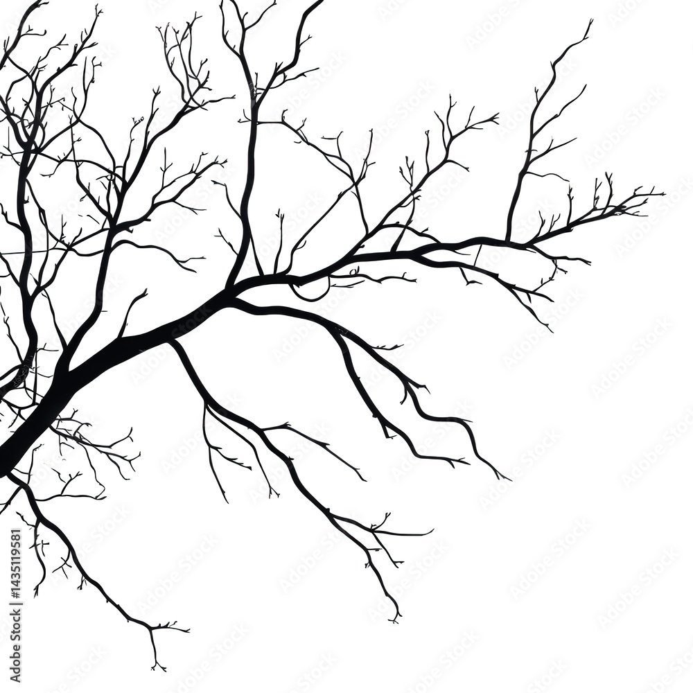 Fototapeta premium stark silhouette of a tree branch with intricate. bare twigs extending against a plain white background the design emphasizes the delicate structure of the branch. evoking themes of nature and minimal