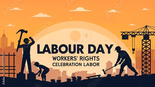 Labour Day Poster with Construction Worker Silhouettes and Urban Skyline at Sunset