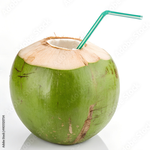 Fresh green coconut with straw ready to drinking isolated on transparent background