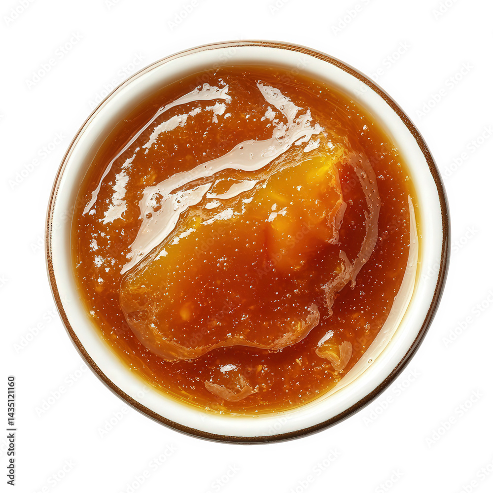 a small bowl filled with a glossy. amber-colored substance that appears to be a thick syrup or sauce. possibly made from fruit or sugar the texture is smooth. and there is a piece of fruit or gelatin- a small bowl filled with a glossy. amber-colored substance that appears to be a thick syrup or sauce. possibly made from fruit or sugar the texture is smooth. and there is a piece of fruit or gelatin-