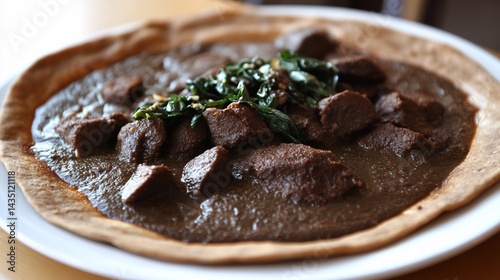 Ethiopian dish, likely a spicy meat stew, served on flatbread