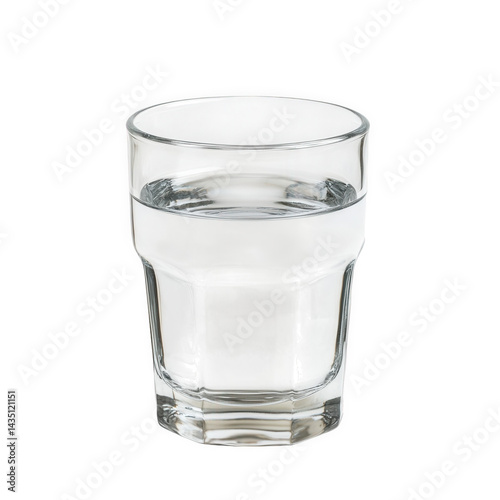 a clear glass filled with water. showcasing its transparency and simplicity against a plain background the glass has a classic design. emphasizing the purity and essential nature of water as a fundame