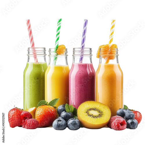 four colorful smoothie bottles arranged in a row. each with a straw. accompanied by a variety of fresh fruits such as strawberries. blueberries. raspberries. and kiwi. highlighting a vibrant and healt