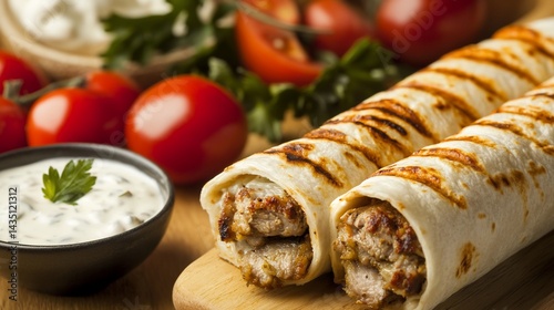 Grilled meat wraps with sauce and tomatoes
