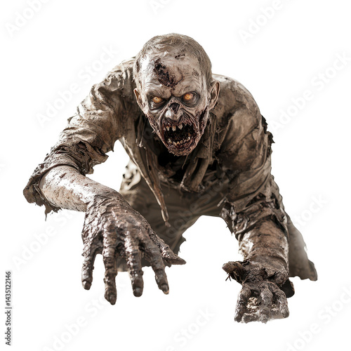 Zombie rises from the ground showcasing eerie details and a haunting pose on a plain background, Zombie Rising from Ground on Transparent background photo