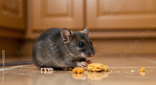 Cute Gray Mouse Eating Food Crumbs on Shiny Brown Floor in Kitchen Interior
