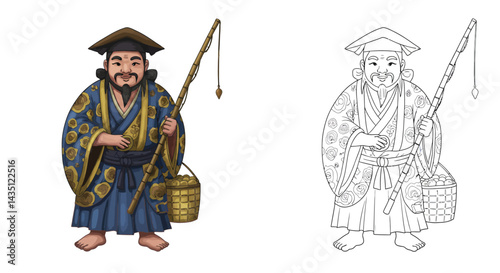 Fisherman with a Basket and Rod:  A whimsical illustration of a jovial fisherman, clad in traditional Japanese attire, clutching his fishing rod and basket.