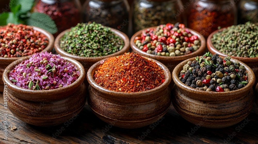 Assorted spices in bowls on wooden table. Assorted spices in bowls on wooden table.