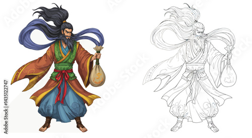 Sage's Guidance: A stylized illustration captures the essence of a wise sage. His flowing robes and calm demeanor represent the harmony of culture and the pursuit of inner peace. 
