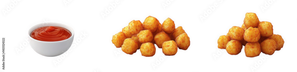 bowl of ketchup accompanied by two distinct piles of golden. crispy potato bites. suggesting a delicious snack or appetizer option the arrangement highlights the food's appealing texture and color. ma bowl of ketchup accompanied by two distinct piles of golden. crispy potato bites. suggesting a delicious snack or appetizer option the arrangement highlights the food's appealing texture and color. ma