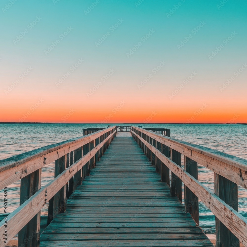 Obraz premium Serene sunset over tranquil ocean waters with a wooden pier stretching into the horizon capturing a peaceful scene in soft pastel tones