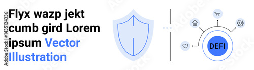 Blue shield next to decentralized finance DeFi icon and network connections illustrating security, trust, blockchain, and data protection. Ideal for finance, cybersecurity, blockchain, and simple