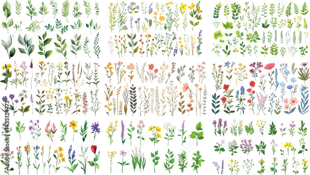 Fototapeta premium Set of green watercolor leaves on isolated background. watercolor floral package collection. Use by fabric, fashion, wedding invitation, template, poster, romance, greeting, spring, bouquet, pattern