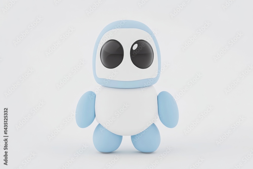 Fototapeta premium Cute cartoon robot. A light-blue, rounded robot with large black eyes, standing on a plain white background. Simple and friendly design
