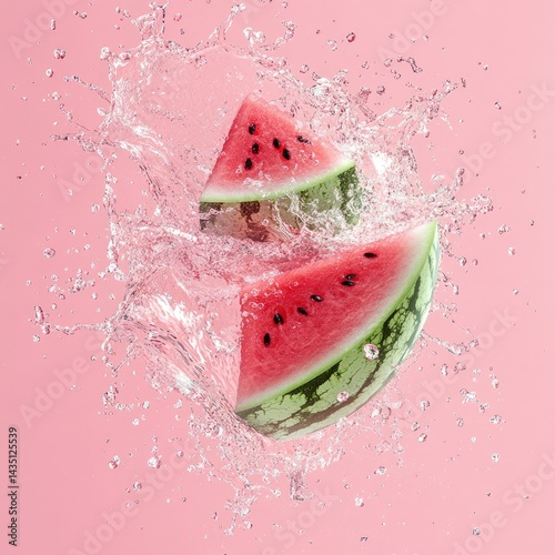 Product advertisement design of watermelon fruit in water splash on pink background