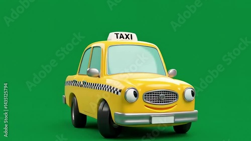 Animation of cartoon-style yellow taxi cab with large eyes and a smile, positioned against a solid green screen.