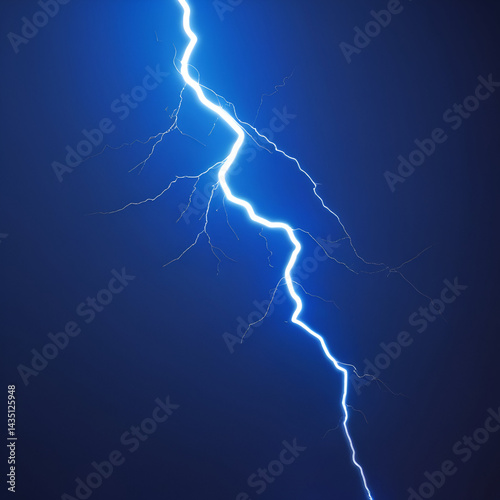Vibrant blue lightning bolt illuminated against a rich, dark indigo background, with subtle gradient effects and nuanced shading, showcasing a highly detailed 3D rendering with intricate textures and 