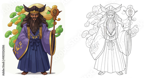Mystical Sage: An artistic rendition of a sage figure, adorned in ceremonial robes and holding a staff, embodies wisdom and cultural reverence. This image could evoke a sense of ancient wisdom.