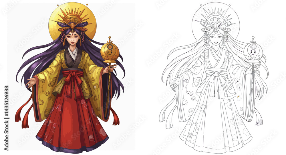 Radiant Deity: A depiction of a divine figure adorned in elegant garments and radiant halo. The image captures a sense of serenity and otherworldliness. Radiant Deity: A depiction of a divine figure adorned in elegant garments and radiant halo. The image captures a sense of serenity and otherworldliness.