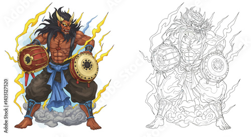 Mythical Demon Warrior with Drums: A fierce and mighty mythical demon warrior stands ready for battle, wielding traditional drums amidst dynamic energy effects, this piece exudes strength, power.