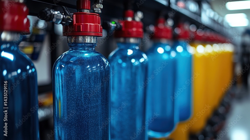 Colorful fire extinguishers lined up in a modern facility with blurred background equipment Colorful fire extinguishers lined up in a modern facility with blurred background equipment