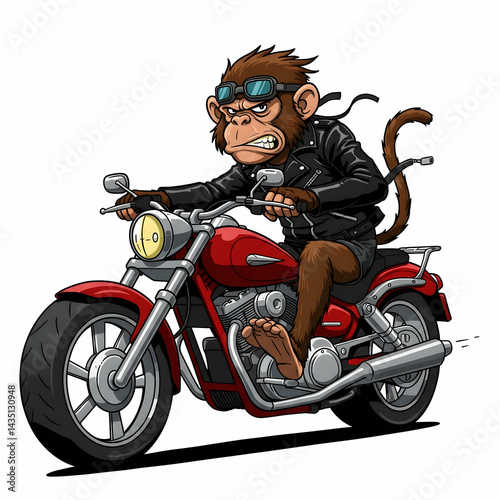 Cool Monkey Biker Riding a Red Motorcycle Cartoon Illustration Primate Easy Rider Freedom Adventure Humor Wild