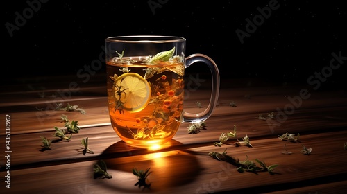 Lemon herbal tea in a glass mug
