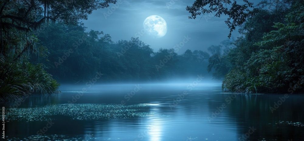 Fototapeta premium Moonlight reflection on water with mist and trees nature background