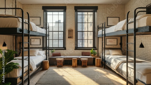 Modern shared bedroom featuring bunk beds natural light minimalistic design
