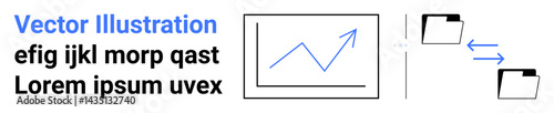 Graph with upward trend line and two folders symbolizing file transfer. Ideal for data organization, progress analytics, digital workflow, file sharing, report management, information exchange