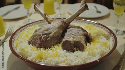 Roasted lamb shanks on a bed of rice
